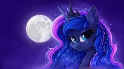 Size: 3637x2036 | Tagged: safe, artist:zeepheru_pone, princess luna, alicorn, pony, g4, bust, chest fluff, ear fluff, ethereal mane, female, high res, looking at you, mare, moon, peytral, portrait, smiling, smiling at you, solo, starry mane