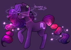 Size: 2400x1700 | Tagged: safe, artist:kot-of-eden, artist:saphirecat11, oc, oc only, oc:scorpine, earth pony, pony, earth pony oc, female, ponified, purple background, scorpio, simple background, solo, zodiac