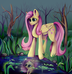 Size: 3200x3300 | Tagged: safe, artist:ske, fluttershy, pegasus, pony, g4, female, grass, high res, mare, redraw, reflection, solo, tree, water