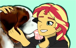 Size: 1282x822 | Tagged: safe, artist:annadrawing23, sunset shimmer, dog, equestria girls, g4, beethoven (dog), crossover, duo, female, licking, ludwig van beethoven, male, simple background, smiling, st. bernard, tongue out
