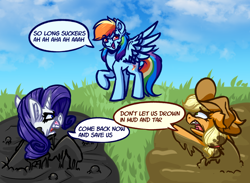 Size: 4000x2930 | Tagged: safe, artist:witchtaunter, applejack, mean rainbow dash, rainbow dash, rarity, earth pony, pegasus, pony, unicorn, the mean 6, angry, chest fluff, clone, ear fluff, faic, frown, grass, meme, mud, out of context, quicksand, rainbow douche, redraw, reinterpretation, shoulder fluff, sky, sneer, speech bubble, tar, tar pit
