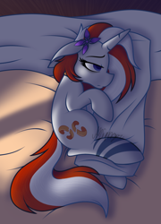 Size: 768x1068 | Tagged: safe, artist:feather_bloom, oc, oc:starry bluemoon, pony, unicorn, bed, commission, depression, hug, pillow, pillow hug, sad, shading, solo