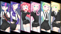 Size: 1600x900 | Tagged: safe, artist:zoxriver503, applejack, fluttershy, pinkie pie, rainbow dash, rarity, twilight sparkle, human, g4, clothes, cowboy hat, female, hat, houseki no kuni, humanized, land of the lustrous, mane six, skirt, socks, stockings, suit, thigh highs
