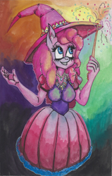 Size: 1070x1680 | Tagged: safe, artist:horrordragon339, pinkie pie, anthro, g4, clothes, costume, female, halloween, holiday, solo, traditional art, wand, witch