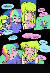 Size: 3087x4529 | Tagged: safe, artist:0828m, applejack, rainbow dash, equestria girls, g4, clothes, comic, duo, duo female, eyes closed, female, freckles, lesbian, looking at someone, manga, ship:appledash, shipping, speech bubble, wings