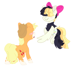 Size: 938x852 | Tagged: safe, artist:that-softscorpio, applejack, songbird serenade, g4, my little pony: the movie, applejack's hat, bald face, black shirt, blaze (coat marking), bow, coat markings, cowboy hat, cute, facial markings, female, flying, hair bow, hat, jackabetes, lesbian, multicolored mane, multicolored tail, pink bow, shipping, simple background, socks (coat markings), songbetes, songjack, transparent background, two toned mane, two toned tail