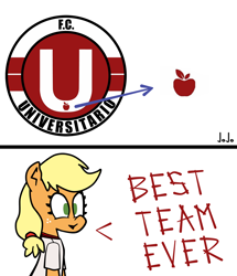 Size: 1960x2280 | Tagged: safe, artist:jojodidu, applejack, earth pony, pony, g4, apple, clothes, emblem, female, food, football, green eyes, simple background, solo, sports, that pony sure does love apples, universitario de vinto, white background