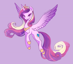 Size: 2475x2160 | Tagged: safe, artist:tomi_ouo, princess cadance, alicorn, pony, g4, beautiful, female, flying, high res, looking at you, mare, purple background, simple background, solo, spread wings, wings