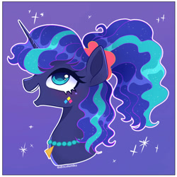 Size: 2000x2000 | Tagged: safe, artist:tomi_ouo, princess luna, pony, between dark and dawn, g4, 80s princess luna, alternate hairstyle, bust, colored pupils, cute, high res, lunabetes, open mouth, ponytail, portrait, profile, purple background, simple background, solo