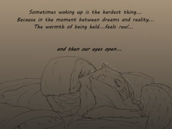 Size: 1280x960 | Tagged: dead source, safe, artist:backlash91, gilda, griffon, g4, blanket, crying, depressed, depression, hug, monochrome, pillow, pillow hug, quote, sad, solo, wings