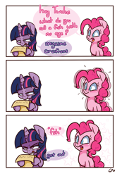 Size: 1000x1446 | Tagged: safe, artist:lou, pinkie pie, twilight sparkle, earth pony, pony, unicorn, g4, bad pun, colored text, comic, dialogue, duo, duo female, female, get out, hooves, horn, joke, lame pun reaction, mare, pun, simple background, speech bubble, stars, twilight sparkle is not amused, unamused, vibrating, white background