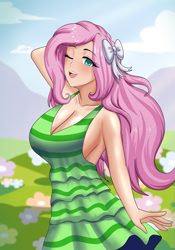 Size: 1347x1920 | Tagged: safe, artist:thebrokencog, fluttershy, human, g4, big breasts, bow, breasts, busty fluttershy, cleavage, clothes, commission, cute, dress, female, field, flower, green dress, hair bow, humanized, looking at you, one eye closed, shyabetes, sideboob, smiling, smiling at you, solo, wink
