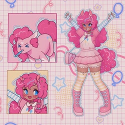 Size: 1440x1440 | Tagged: safe, artist:shineroii, pinkie pie, earth pony, human, pony, g4, bag, blouse, blue eyes, boots, bow, bracelet, cardigan, choker, clothes, dark skin, eared humanization, ears, female, food, full body, hairclip, happy, heart, humanized, jewelry, kneesocks, long sleeves, open mouth, party horn, pink background, pink hair, pink mane, shoes, simple background, skirt, smiling, socks, sprinkles, stars, tail, tailed humanization, thigh highs, thigh socks