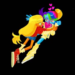 Size: 1024x1024 | Tagged: safe, artist:8165tanmen, applejack, rainbow dash, equestria girls, g4, clothes, dark background, duo, duo female, female, hatless, heart, lesbian, looking at each other, looking at someone, missing accessory, ship:appledash, shipping, simple background