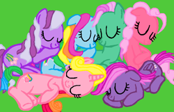 Size: 700x450 | Tagged: safe, artist:beanbases, artist:halonna, minty, pinkie pie (g3), rainbow dash (g3), rarity (g3), starsong, wysteria, earth pony, pegasus, pony, unicorn, g3, g4, base used, cute, female, g3 dashabetes, g3 diapinkes, g3 raribetes, g3 to g4, generation leap, green background, group, mare, mintabetes, simple background, sleeping, smiling, snuggling, starsawwwng, wysteriadorable