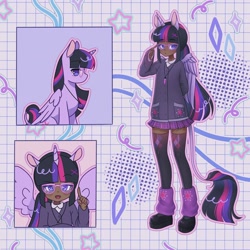 Size: 1440x1440 | Tagged: safe, artist:shineroii, twilight sparkle, alicorn, human, pony, g4, blouse, cardigan, clothes, crystal, cute, cutie mark, dark skin, detailed background, eared humanization, ears, female, full body, glasses, hairclip, horn, horned humanization, humanized, jewelry, leg warmers, leonine tail, looking at you, microskirt, miniskirt, necklace, platform shoes, ponytail, reference sheet, shoes, skirt, socks, tail, tailed humanization, thigh highs, thigh socks, twilight sparkle (alicorn), winged humanization, wings, zettai ryouiki