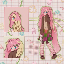 Size: 1440x1440 | Tagged: safe, artist:shineroii, fluttershy, butterfly, human, pegasus, pony, g4, blouse, bunny plushie, cardigan, clothes, cute, cutie mark, detailed background, eared humanization, ears, frown, full body, hairclip, humanized, leg warmers, long hair, long skirt, long sleeves, long tail, looking at something, mary janes, pink hair, plushie, reference sheet, shoes, shy, shyabetes, skirt, socks, striped socks, tail, tailed humanization, turquoise eyes, winged humanization, wings