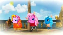 Size: 753x419 | Tagged: safe, edit, pinkie pie (g3), starbeam, triple treat, earth pony, pig, pony, g3, clothes, crossover, female, hoodie, ian (olivia), julian (olivia), male, mare, meme, olivia (character), olivia (series), pirate, ship, sweater