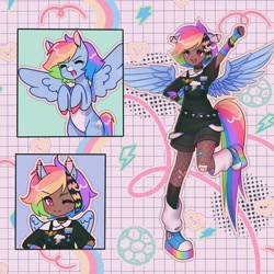 Size: 1440x1440 | Tagged: safe, artist:shineroii, rainbow dash, human, pegasus, pony, g4, arm warmers, bandaid, blouse, bracelet, chains, choker, clothes, coat markings, converse, coontails, cutie mark, dark skin, delicious flat chest, detailed background, ear piercing, eared humanization, earring, facial markings, female, full body, happy, humanized, industrial piercing, jewelry, leg warmers, looking up, one eye closed, painted nails, pale belly, piercing, pink eyes, platform shoes, rainbow flat, reference sheet, shoes, smiling, smirk, sneakers, snip (coat marking), spiked belt, spiked choker, spiked wristband, spread wings, tail, tailed humanization, winged humanization, wings, wink, wonderbolt badge, wristband