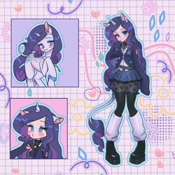 Size: 1440x1440 | Tagged: safe, artist:shineroii, rarity, human, pony, unicorn, bandaid, belt, cardigan, chains, choker, clothes, crystal, cutie mark, detailed background, diamond, ear piercing, eared humanization, earring, ears, female, hairclip, heart, horn, horned humanization, humanized, jewelry, leg warmers, leonine tail, long sleeves, looking up, makeup, necklace, piercing, platform shoes, pleated skirt, purple hair, reference sheet, skirt, socks, stars, stockings, tail, tailed humanization, thigh highs, unshorn fetlocks