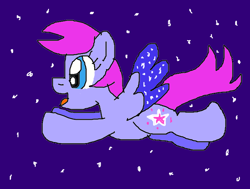 Size: 752x568 | Tagged: safe, artist:birdieman45, starsong, pegasus, pony, g3, g4, cute, deviantart muro, female, flying, g3 to g4, generation leap, mare, night, purple wings, sky, solo, stars, starsawwwng, starsong can fly, wings