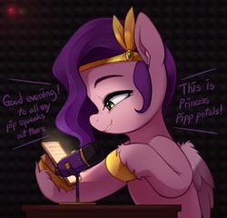 Size: 3085x2960 | Tagged: safe, artist:maren, pipp petals, pegasus, pony, g5, princess for a day, asmr, calm.com, cellphone, circlet, dialogue, female, folded wings, high res, hoof hold, looking at something, mare, microphone, phone, profile, recording studio, smartphone, smiling, solo, unshorn fetlocks, wings