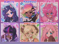 Size: 750x556 | Tagged: safe, artist:shineroii, applejack, fluttershy, pinkie pie, rainbow dash, rarity, twilight sparkle, alicorn, human, g4, bandaid, blushing, bow, choker, clothes, compilation, coontails, crystal, dark skin, ear piercing, eared humanization, earring, ears, female, frown, glasses, group, hairpin, happy, horn, horned humanization, humanized, industrial piercing, jewelry, leaves, long sleeves, looking up, mane six, necklace, open mouth, piercing, shy, smiling, smirk, spiked choker, twilight sparkle (alicorn), winged humanization, wings
