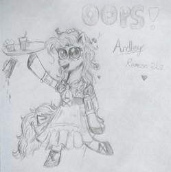 Size: 3028x3042 | Tagged: safe, artist:andley, pinkie pie, earth pony, pony, g4, bipedal, bowtie, clothes, dress, female, high res, mare, oops, pencil drawing, sketch, solo, spilled drink, traditional art, tray, waitress