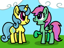 Size: 1024x768 | Tagged: safe, artist:danielthebrony57, banana bliss, lemon hearts, pegasus, pony, unicorn, g4, bananadorable, cloud, cloudy, conversation, cute, duo, eye clipping through hair, eye contact, female, field, folded wings, grass, grass field, lemonbetes, looking at each other, looking at someone, mare, outdoors, raised hoof, raised leg, shadow, smiling, talking, wings