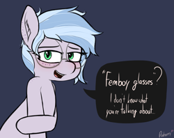 Size: 1589x1261 | Tagged: safe, artist:pinkberry, oc, oc only, oc:winter azure, pony, bashful, blatant lies, colt, dialogue, femboy, foal, freckles, girly, glasses, male, round glasses, solo focus, speech, speech bubble, talking, text, trap