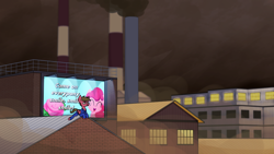 Size: 3840x2160 | Tagged: safe, artist:moonatik, pinkie pie, oc, unnamed oc, pegasus, pony, new lunar millennium, g4, alternate timeline, billboard, brick, chimney, cigarette, clothes, flower, high res, male, nightmare takeover timeline, pegasus oc, propaganda poster, rose, smoke, smoking, stallion, window