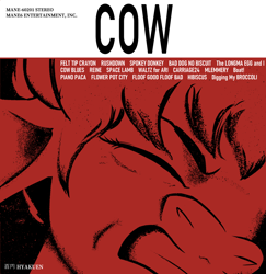 Size: 878x904 | Tagged: safe, artist:hyakuen, arizona (tfh), cow, them's fightin' herds, album cover, community related, cowboy bebop, cringing, female, gritted teeth, monochrome, parody, text, wince