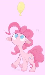 Size: 1986x3300 | Tagged: safe, artist:noupu, pinkie pie, earth pony, pony, g4, balloon, colored pupils, female, floppy ears, looking up, mare, pink background, simple background, solo