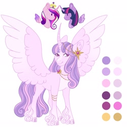 Size: 2048x2048 | Tagged: safe, artist:merviellee, princess cadance, twilight sparkle, oc, alicorn, pony, g4, cloven hooves, female, high res, hoof fluff, infidelity, large wings, lesbian, magical lesbian spawn, offspring, parent:princess cadance, parent:twilight sparkle, parents:twidance, ship:twidance, shipping, simple background, spread wings, twilight sparkle (alicorn), white background, wings