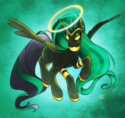 Size: 3712x3508 | Tagged: safe, artist:opalacorn, oc, oc only, oc:obsidian (m00n13aby), alicorn, pony, abstract background, alicorn oc, black sclera, ear piercing, earring, eyelashes, eyeshadow, feathered wings, female, glowing, glowing eyes, halo, high res, hooves, horn, jewelry, long hair, makeup, mane, mare, piercing, signature, solo, spread wings, tail, white pupils, wings, yellow sclera