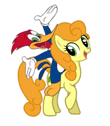 Size: 627x723 | Tagged: safe, edit, carrot top, golden harvest, bird, earth pony, pony, woodpecker, g4, background pony, clothes, crossover, cute, cutie top, female, gloves, hands in the air, male, mare, open mouth, open smile, raised hoof, raised leg, riding, simple background, smiling, the new woody woodpecker show, transparent background, woody woodpecker, woody woodpecker (series)