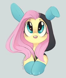 Size: 775x908 | Tagged: safe, artist:melodylibris, fluttershy, pegasus, pony, g4, big eyes, bunny ears, bust, clothes, costume, cute, daaaaaaaaaaaw, dangerous mission outfit, female, gray background, hoodie, looking up, mare, open mouth, open smile, shyabetes, simple background, smiling, solo