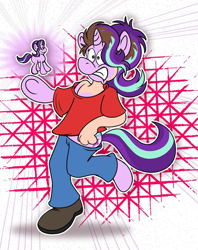 Size: 1015x1280 | Tagged: safe, artist:sketchy, starlight glimmer, human, pony, unicorn, g4, clothes, curse, doll, gritted teeth, human to pony, magic, male to female, mid-transformation, rule 63, solo, toy, transformation, transgender transformation