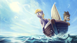 Size: 1536x864 | Tagged: safe, artist:etienne boilley, derpy hooves, doctor whooves, time turner, earth pony, pegasus, pony, g4, boat, duo, female, male, mare, ocean, sailboat, smiling, stallion, sun, water, worried