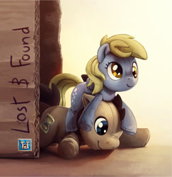 Size: 1558x1601 | Tagged: safe, artist:etienne boilley, derpy hooves, doctor whooves, time turner, earth pony, pegasus, pony, g4, album cover, box, cardboard box, cute, duo, plushie