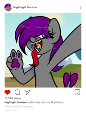 Size: 1714x2452 | Tagged: safe, artist:sadfloorlamp, oc, oc only, oc:nightlight horizon, oc:zackery relapse, dracony, dragon, hybrid, pony, commission, duo, fangs, female, fetish, forked tongue, instagram, mouth, open mouth, peace sign, selfie, sharp teeth, teeth, tongue out, vore