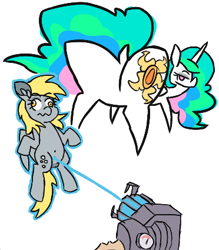Size: 372x425 | Tagged: safe, artist:threetwotwo32232, derpy hooves, princess celestia, alicorn, pegasus, pony, g4, belly button, butt, dock, duo, duo female, female, gmod, gravity gun, hooves, horn, mare, palindrome get, physgun, plot, simple background, tail, wavy mouth, white background