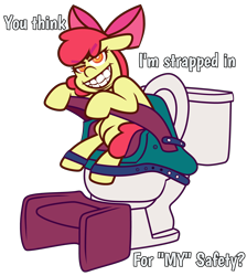 Size: 4410x4923 | Tagged: safe, artist:threetwotwo32232, apple bloom, earth pony, pony, g4, but why, evil smile, female, mare, simple background, sitting, sitting on toilet, smiling, solo, teeth, toilet, transparent background