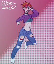 Size: 684x808 | Tagged: safe, artist:ukedideka, oc, oc only, oc:lumen afterglow, human, abstract background, belly button, clothes, female, humanized, humanized oc, one eye closed, peace sign, signature, simple background, socks, solo, stocking feet, stockings, thigh highs, tongue out, wink