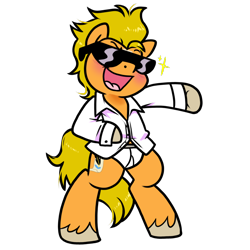 Size: 1000x1000 | Tagged: safe, artist:paperbagpony, oc, oc only, oc:guten russ, earth pony, pony, bipedal, blushing, briefs, clothes, earth pony oc, shirt, simple background, solo, sunglasses, transparent background, underwear, unshorn fetlocks