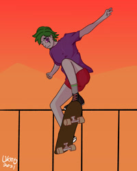 Size: 1280x1600 | Tagged: safe, artist:ukedideka, oc, oc only, oc:quizzical aphre, human, clothes, colored pupils, eyebrows, female, humanized, jumping, looking at you, one eye closed, shoes, shorts, signature, skateboard, skateboarding, smiling, socks, solo, wink