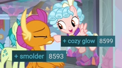 Size: 1268x716 | Tagged: safe, edit, edited screencap, screencap, cozy glow, sandbar, smolder, dragon, earth pony, pegasus, pony, derpibooru, g4, school raze, belittling, boop, bow, claws, cozybetes, cute, dragoness, eyes closed, female, filly, flying, foal, jewelry, meta, mocking, necklace, ponybooru, tags