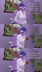 Size: 1920x3240 | Tagged: source needed, safe, artist:papadragon69, twilight sparkle, alicorn, anthro, g4, 3d, bathroom, but why, clothes, dialogue, implied pooping, long sleeved shirt, nerd, open mouth, open smile, painting, plant, potted plant, shirt, sitting, sitting on toilet, smiling, solo, source filmmaker, toilet, twilight sparkle (alicorn), wallet