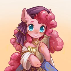 Size: 2048x2048 | Tagged: safe, artist:qamar, pinkie pie, earth pony, semi-anthro, friendship is witchcraft, gypsy bard, g4, arm hooves, bare shoulders, clothes, colored pupils, cute, detached sleeves, diapinkes, dress, ear fluff, ear piercing, earring, female, gypsy pie, headscarf, high res, jewelry, piercing, pottery, romani, scarf, smiling, solo