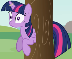 Size: 1316x1077 | Tagged: safe, artist:forgalorga, twilight sparkle, alicorn, pony, pony and magical artifact, g4, cropped, female, horn, horn ring, i'd like to be a tree, mare, ring, solo, stuck, surprised, tree, twilight sparkle (alicorn), wide eyes